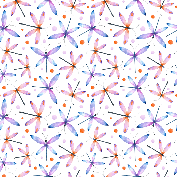 Featuring Watercolor Dragonfly Pattern in Purple and Orange seamless PBR texture preview