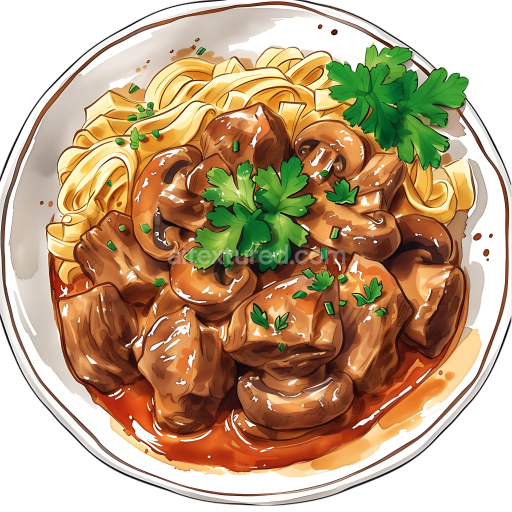 Beef Stroganoff with Mushrooms Breakfast Plate Illustration