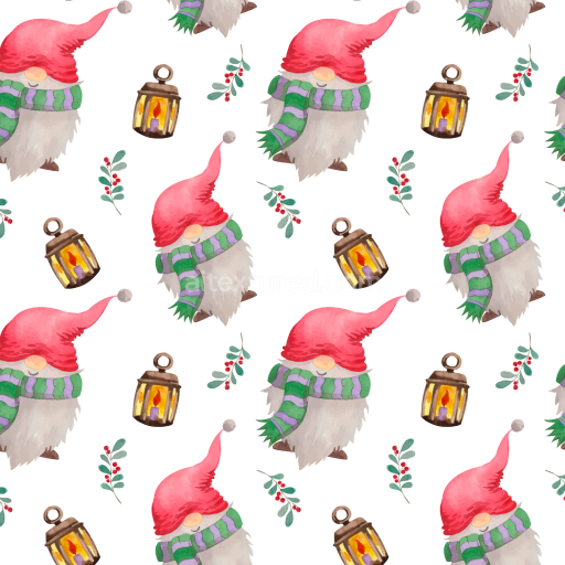 Seamless 3D PBR Christmas Gnome Watercolor Texture with Lanterns and Holly Berries