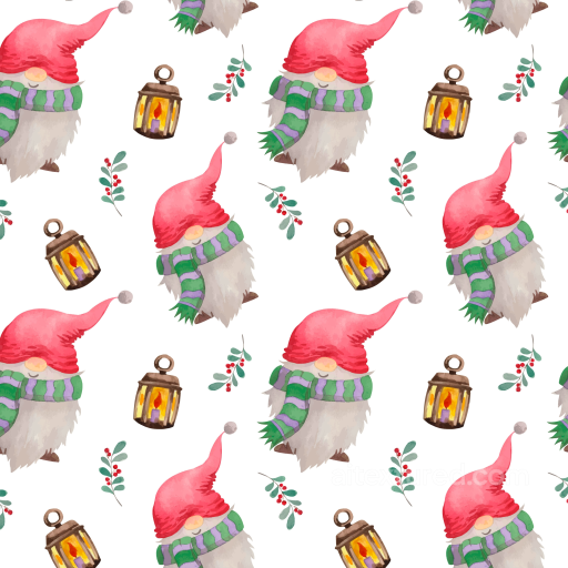 Christmas Gnome Watercolor Texture with Lanterns and Holly Berries seamless Christmas Watercolor PBR texture