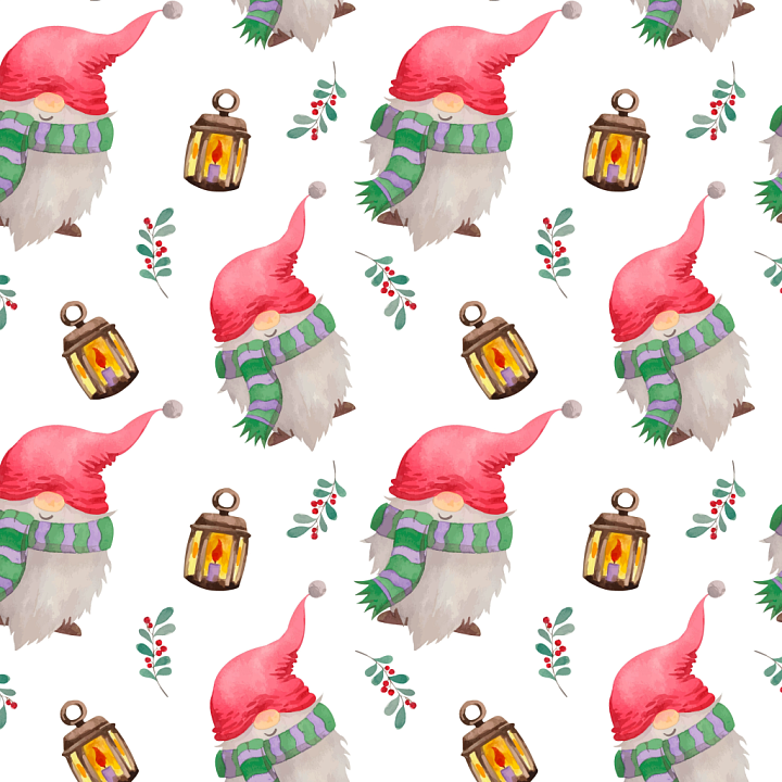 Christmas Gnome Watercolor with Lanterns and Holly Berries seamless PBR texture preview