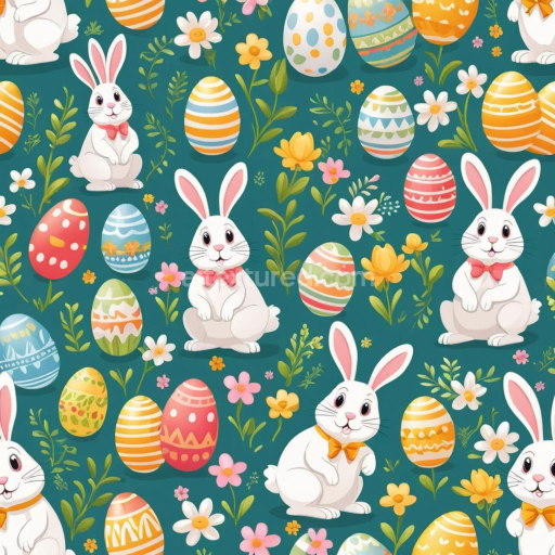 Seamless 3D PBR texture featuring Easter bunnies, decorated eggs & floral pattern