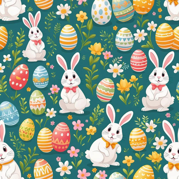 Featuring Easter Bunnies, Decorated Eggs & Floral Pattern seamless PBR texture preview