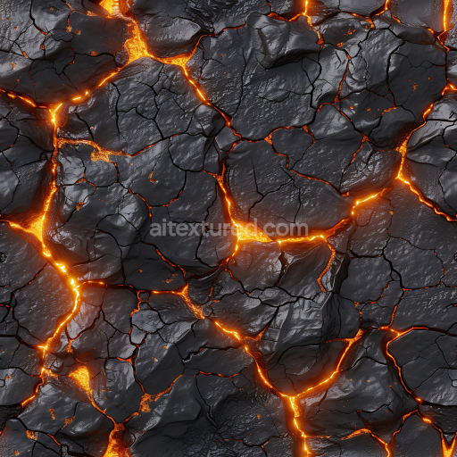 Seamless 3D PBR Texture of Dark Cracked Lava Rock with Glowing Fissures