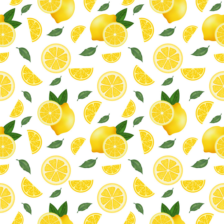 Pattern with Vibrant Lemon Slices and Green Leaves seamless PBR texture preview