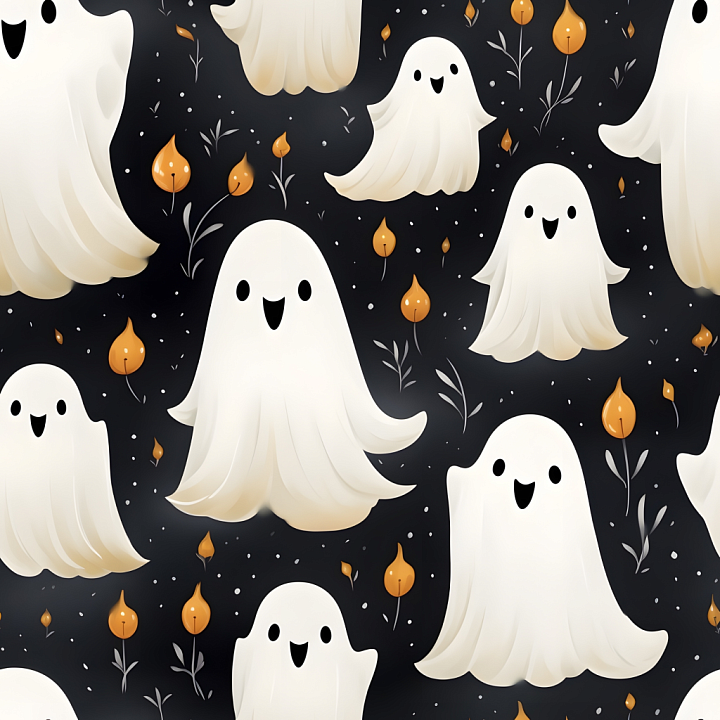 with Watercolor Halloween Ghosts and Leaf Motifs seamless PBR texture preview