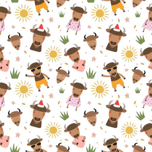 Pattern Bundle - Seamless 3D Pattern PBR Texture with Playful Bison Characters and Sunny Elements texture preview