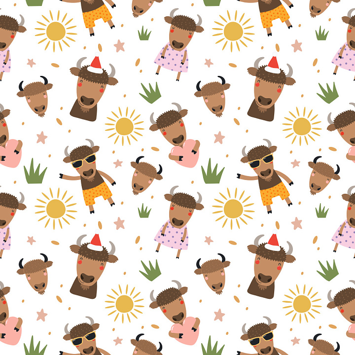 Pattern with Playful Bison Characters and Sunny Elements seamless PBR texture preview