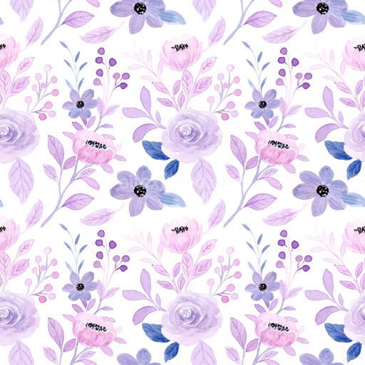 Seamless 3D PBR Texture of Purple Watercolor Floral Pattern on White Background