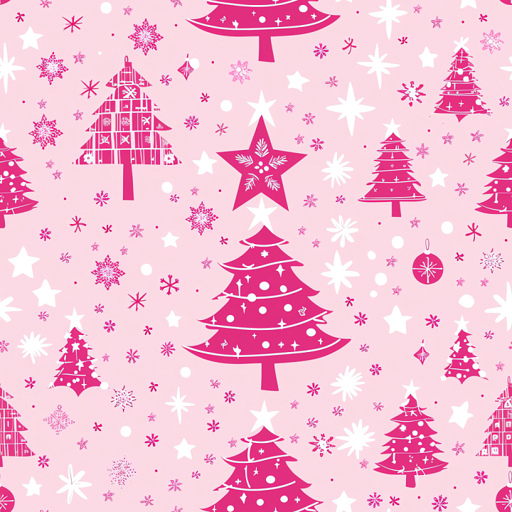 Pink Christmas Digital Paper with Festive Trees and Stars seamless PBR texture preview