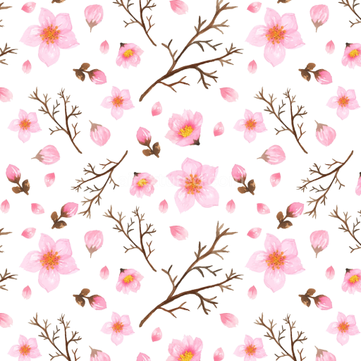 Seamless 3D PBR Watercolor Cherry Blossom Floral Fabric Texture with Pink Flowers and Brown Branches