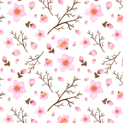 Watercolor Cherry Blossom Floral Fabric Texture with Pink Flowers and Brown Branches seamless Watercolor Cherry PBR texture
