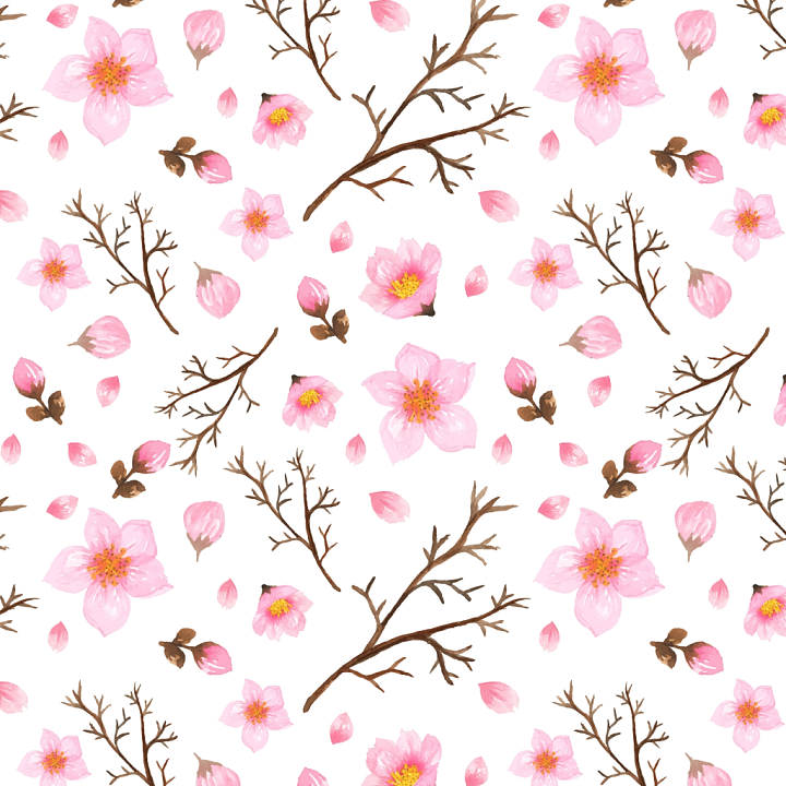 Watercolor Cherry Blossom Floral Fabric with Pink Flowers and Brown Bra… seamless PBR texture preview