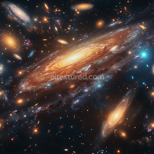 Seamless 3D Space Galaxy Cluster PBR Texture with Bright Spiral Galaxies and Starfield