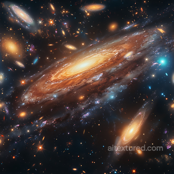 Space Galaxy Cluster PBR Texture with Bright Spiral Galaxies and Starfield Star, space, planets texture preview