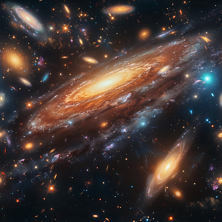 Space Galaxy Cluster with Bright Spiral Galaxies and Starfield seamless PBR texture preview