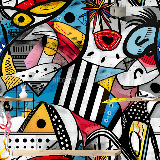 Seamless 3D PBR Texture Featuring Abstract Geometric Graffiti with Bright Colors and Black Outlines