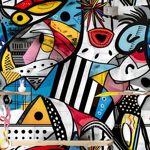 Seamless 3D PBR Texture Featuring Abstract Geometric Graffiti with Bright Colors and Blac… texture preview