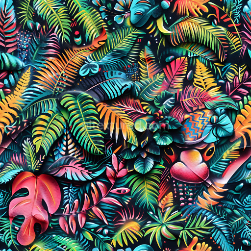 Seamless 3D PBR Texture Featuring Colorful Tropical Leaf Graffiti