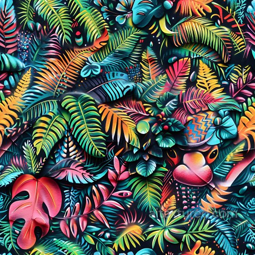 Seamless 3D PBR Texture Featuring Colorful Tropical Leaf Graffiti texture preview