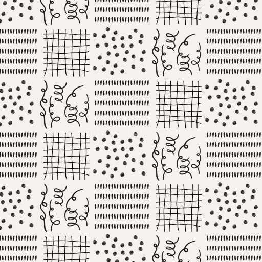 Seamless 3D PBR Texture of Black Ink Hand-Drawn Patterns on White Fabric