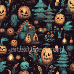 seamless Seamless 3D PBR Texture of Vintage Halloween Cartoon Pumpkins and Spooky Forest texture 8k free download PBR
