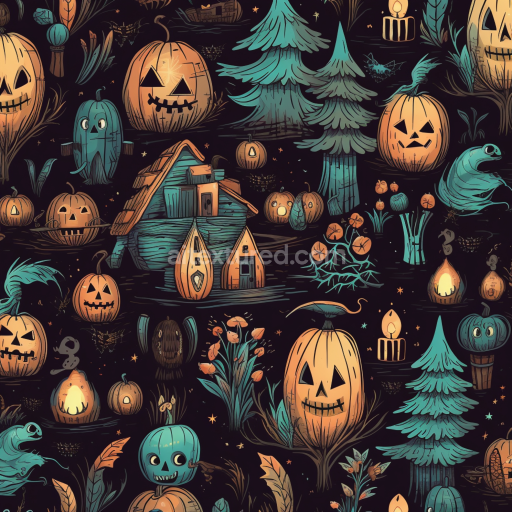 Seamless 3D PBR Texture of Vintage Halloween Cartoon Pumpkins and Spooky Forest