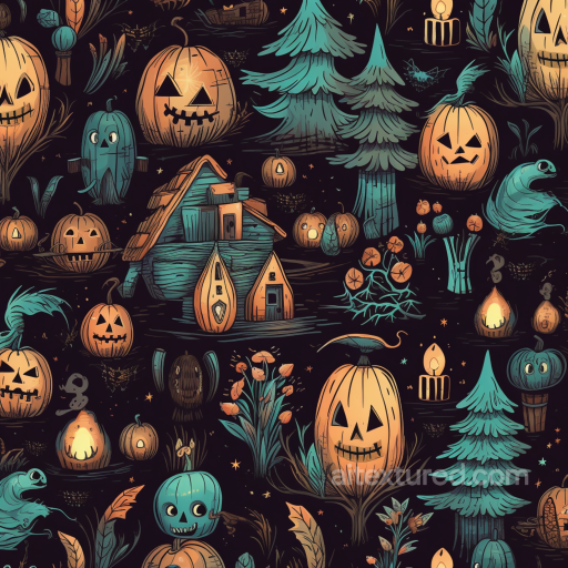 Vintage Halloween Cartoon Pumpkins and Spooky Forest Seamless Texture seamless Vintage Halloween PBR texture