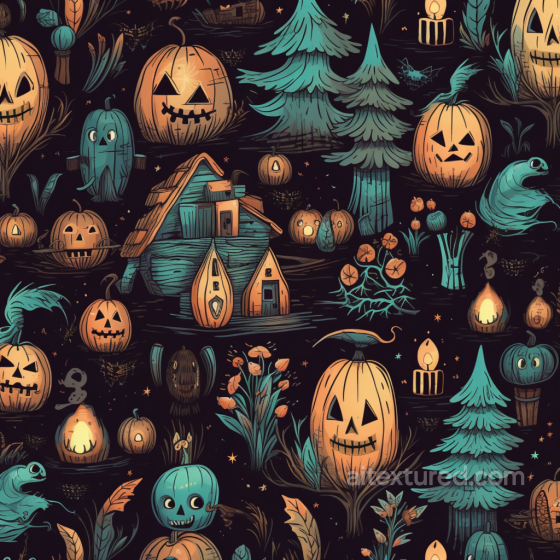Vintage Halloween Cartoon Pumpkins and Spooky Forest Seamless Texture Vintage Halloween texture preview