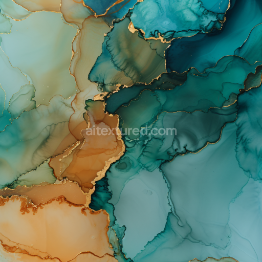 Seamless 3D Alcohol Ink PBR Texture Featuring Teal and Amber Fluid Marbling with Gold Veins