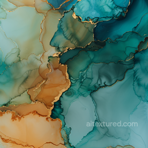 Alcohol Ink PBR Texture Featuring Teal and Amber Fluid Marbling with Gold Veins seamless Alcohol ink PBR texture