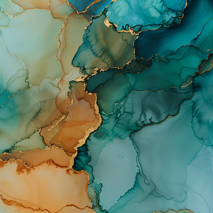 Alcohol Ink Featuring Teal and Amber Fluid Marbling with Gold Veins seamless PBR texture preview