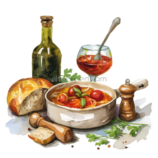 Watercolor Ratatouille Breakfast Meal Illustration with Bread and Olive Oil