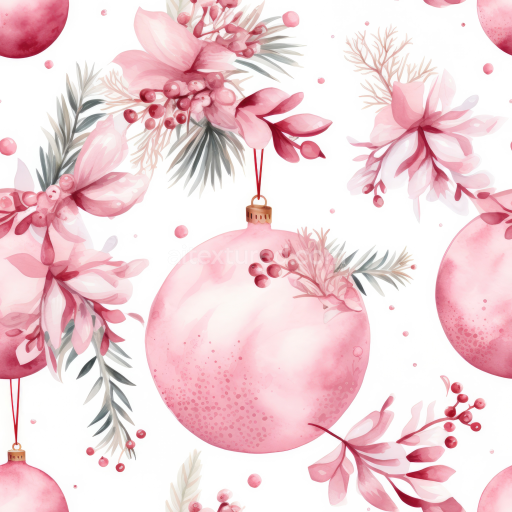 Seamless 3D PBR Texture Featuring Pink Christmas Ornaments and Botanical Elements