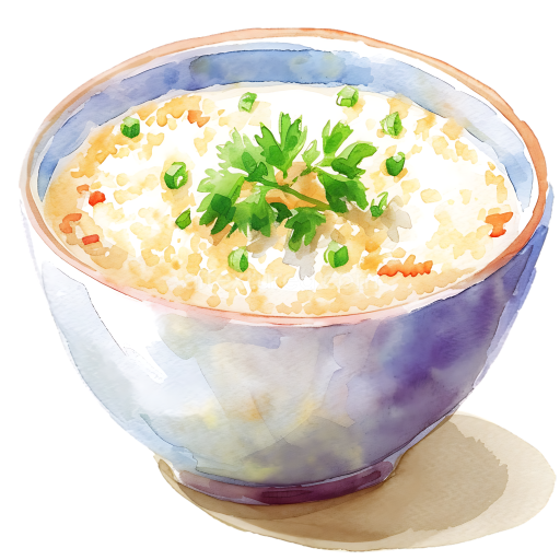 Watercolor Sorghum Porridge Bowl Breakfast Illustration with Herbs