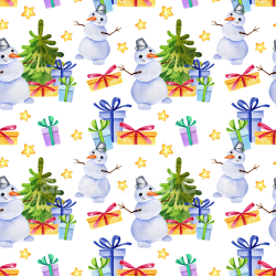 seamless Seamless 3D PBR Christmas Digital Paper Texture Featuring Watercolor Snowmen, Gifts & Trees texture 8k free download PBR