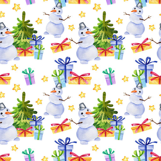Seamless 3D PBR Christmas Digital Paper Texture Featuring Watercolor Snowmen, Gifts & Trees