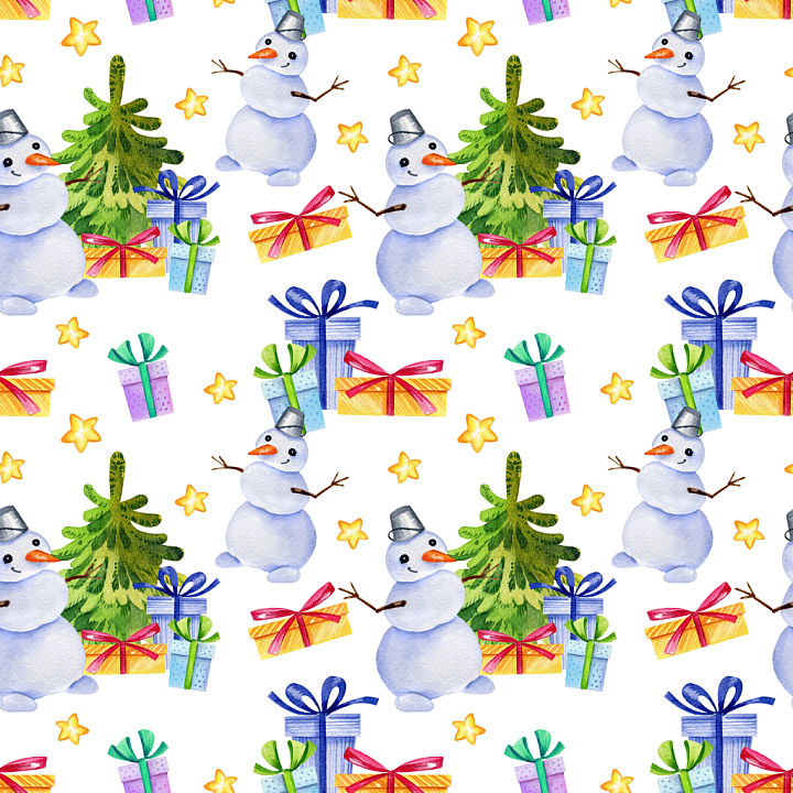 Christmas Digital Paper Featuring Watercolor Snowmen, Gifts & Trees seamless PBR texture preview