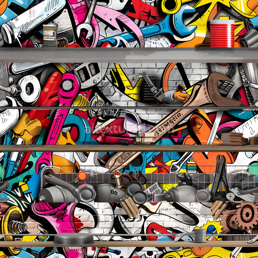Seamless 3D PBR Graffiti Texture Featuring Colorful Urban Tools on White Brick