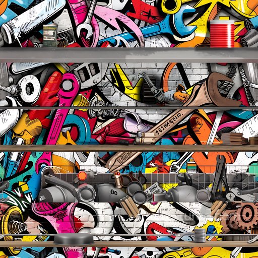 Seamless 3D PBR Graffiti Texture Featuring Colorful Urban Tools on White Brick texture preview