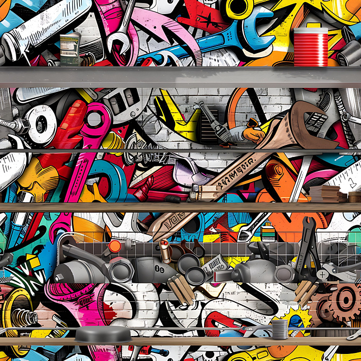 Graffiti Featuring Colorful Urban Tools on White Brick seamless PBR texture preview