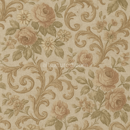 Seamless 3d texture pbr 8k vintage floral scrollwork wallpaper with textured linen weave finish