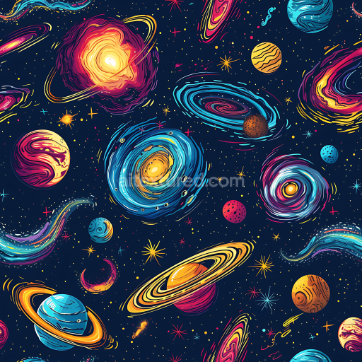Seamless 3D PBR Space Texture with Stylized Galaxies, Ringed Planets & Cosmic Elements