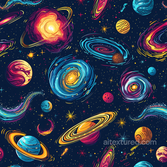 Space Texture with Stylized Galaxies, Ringed Planets & Cosmic Elements Star, space, planets texture preview
