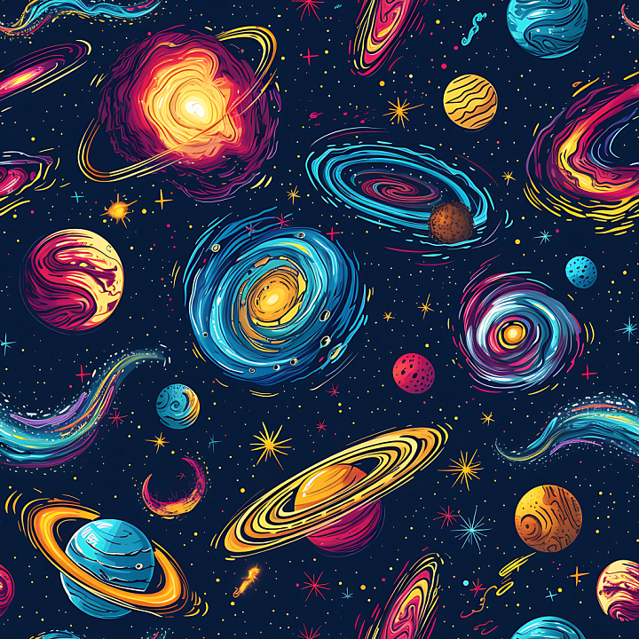 Space with Stylized Galaxies, Ringed Planets & Cosmic Elements seamless PBR texture preview