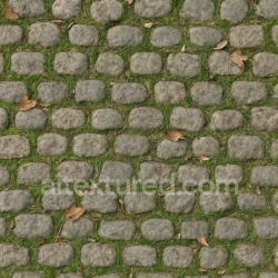 seamless Seamless 3d texture pbr 8k cobblestone small with mossy grout and dry leaves scattered texture 8k free download PBR
