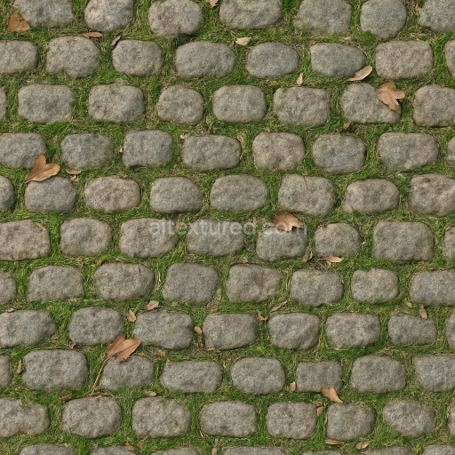 Seamless 3d texture pbr 8k cobblestone small with mossy grout and dry leaves scattered