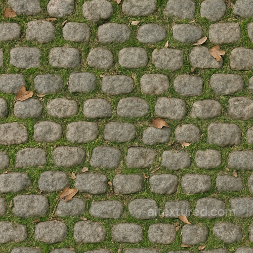 Cobblestone Small With Mossy Grout And Dry Leaves Scattered seamless Park pavement PBR texture