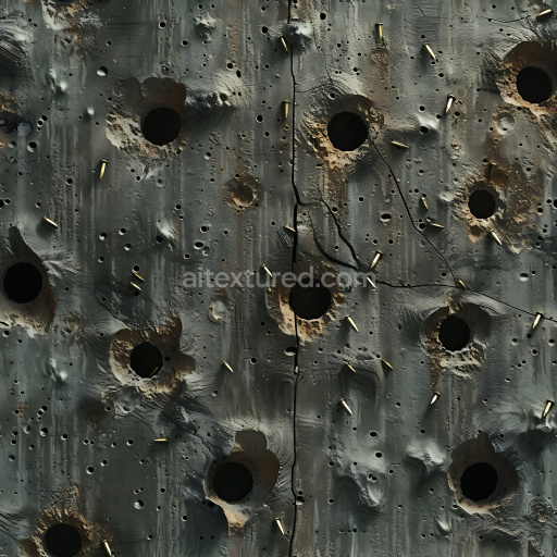 Seamless 3D Cracked Concrete PBR Texture with Bullet Holes and Fractures in Dark Gray