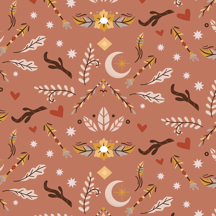 Fabric with Warm Boho Celestial Motifs seamless PBR texture preview